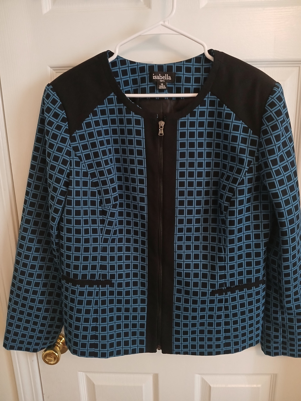Isabella Blue Grid Zip-Front Blazer with Black Accents